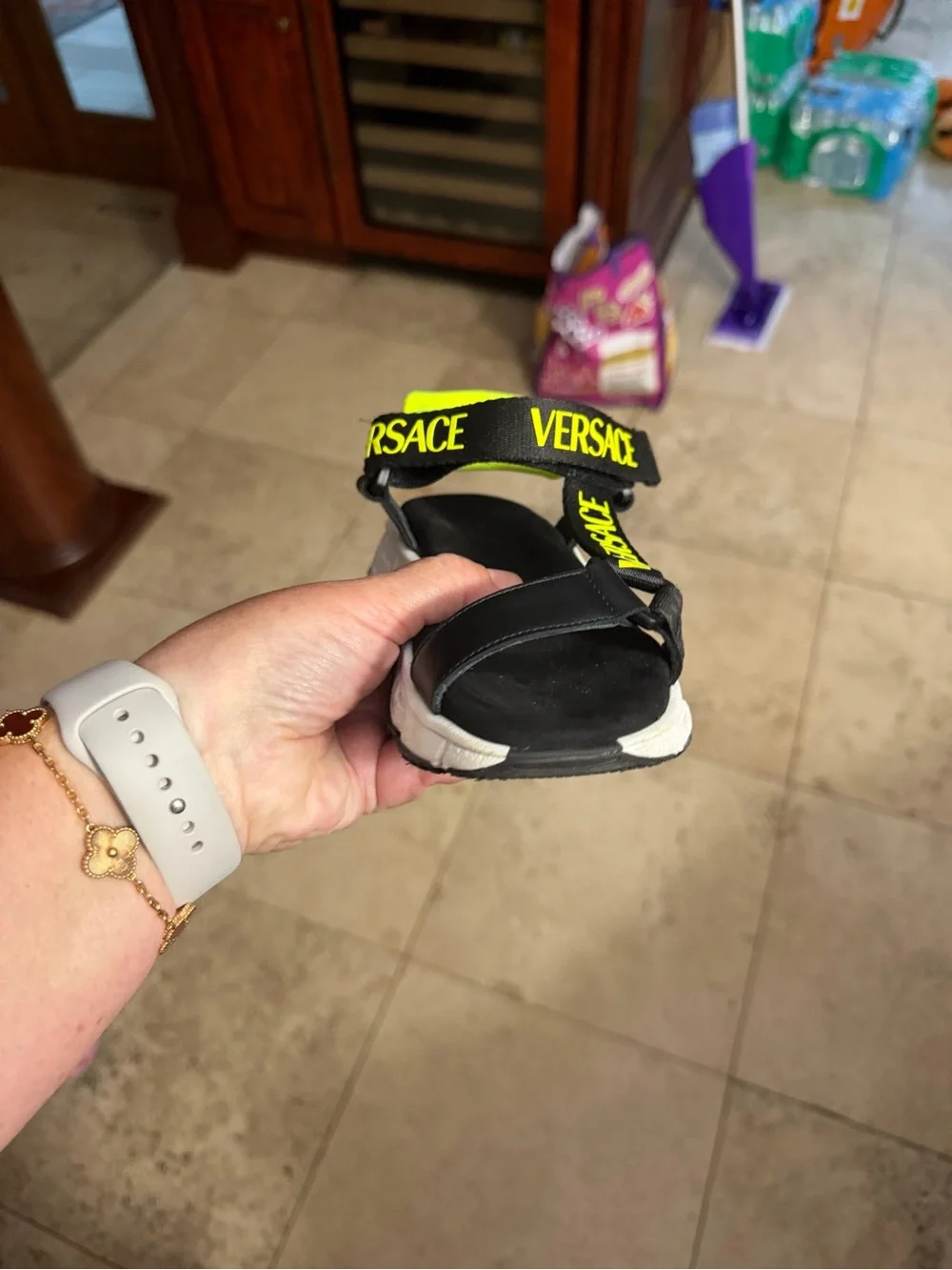 Versace Kids Black and Neon Yellow Logo Sport Sandals